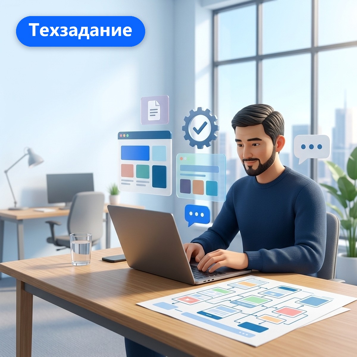 Разработчик за ноутбуком, на столе схема структуры будущего сайта по техническому заданию