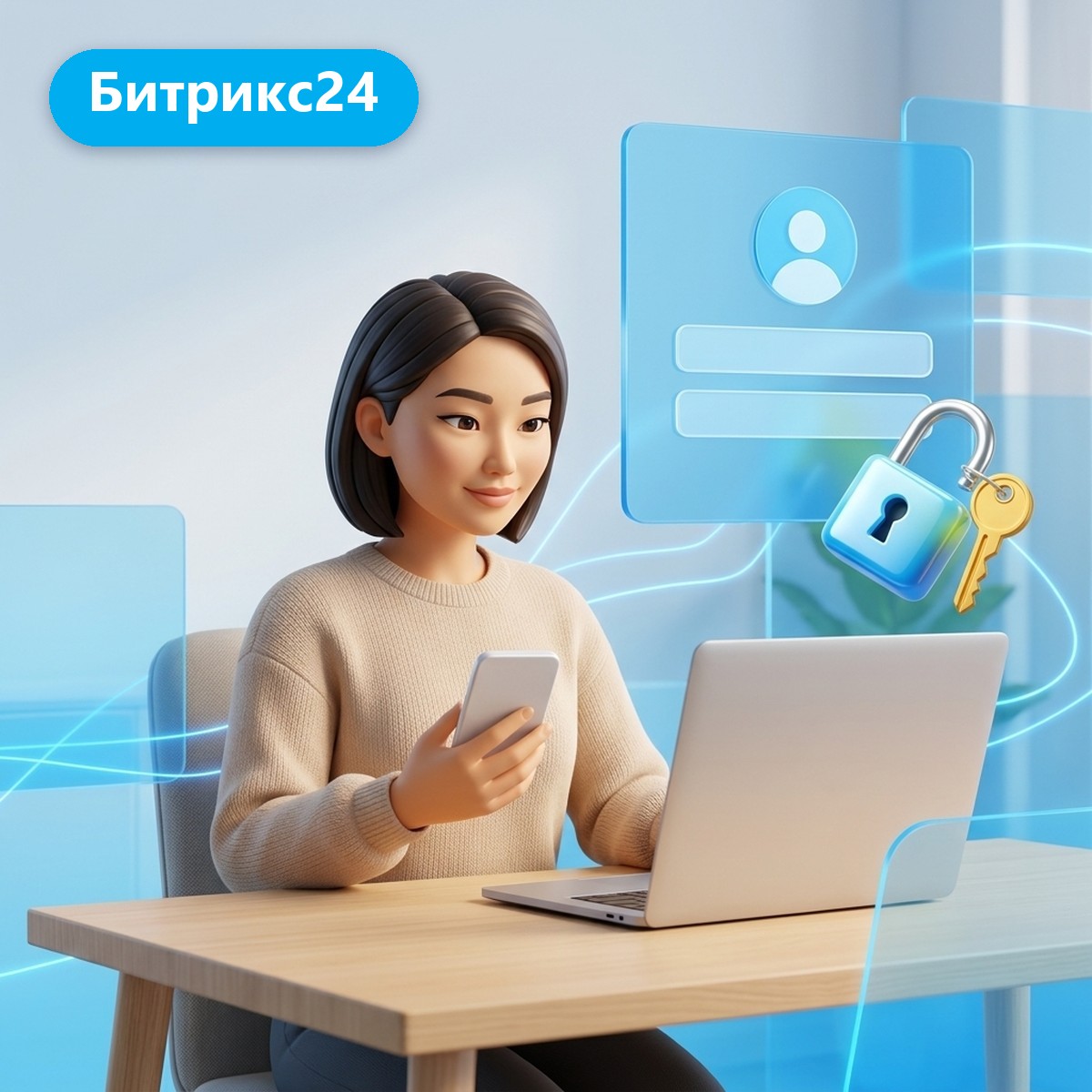 Сотрудница входит в Битрикс24 с ноутбука и смартфона: панель входа, открытый замок и ключ
