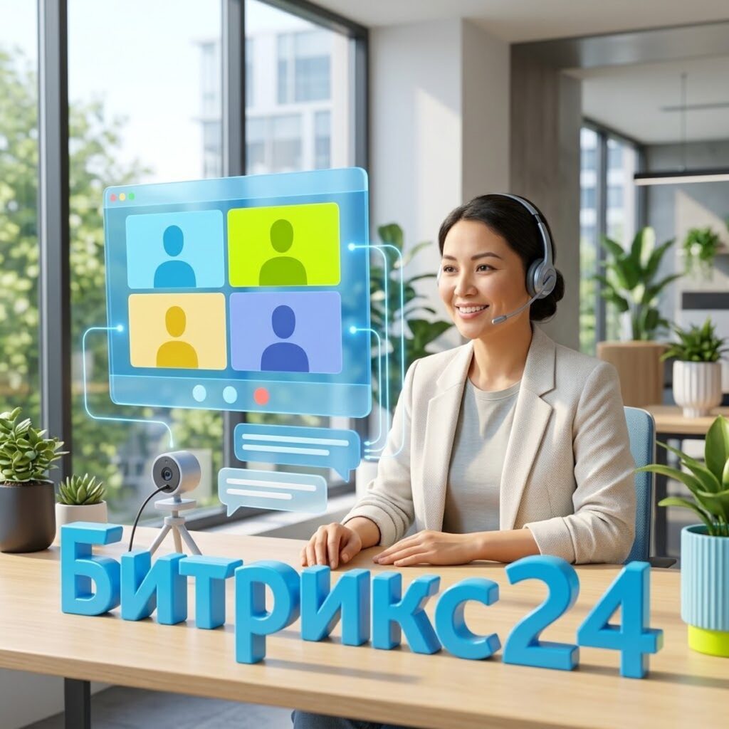 Менеджер по продажам в гарнитуре на видеозвонке в Битрикс24, рядом групповой чат и веб-камера