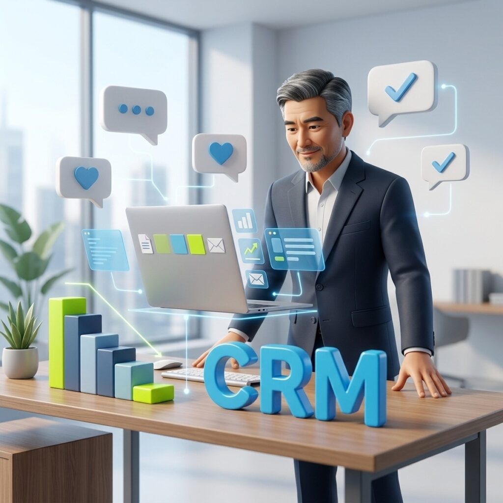 Директор по продажам внедряет CRM в команде, вокруг пузыри сообщений с одобрением и ступени роста
