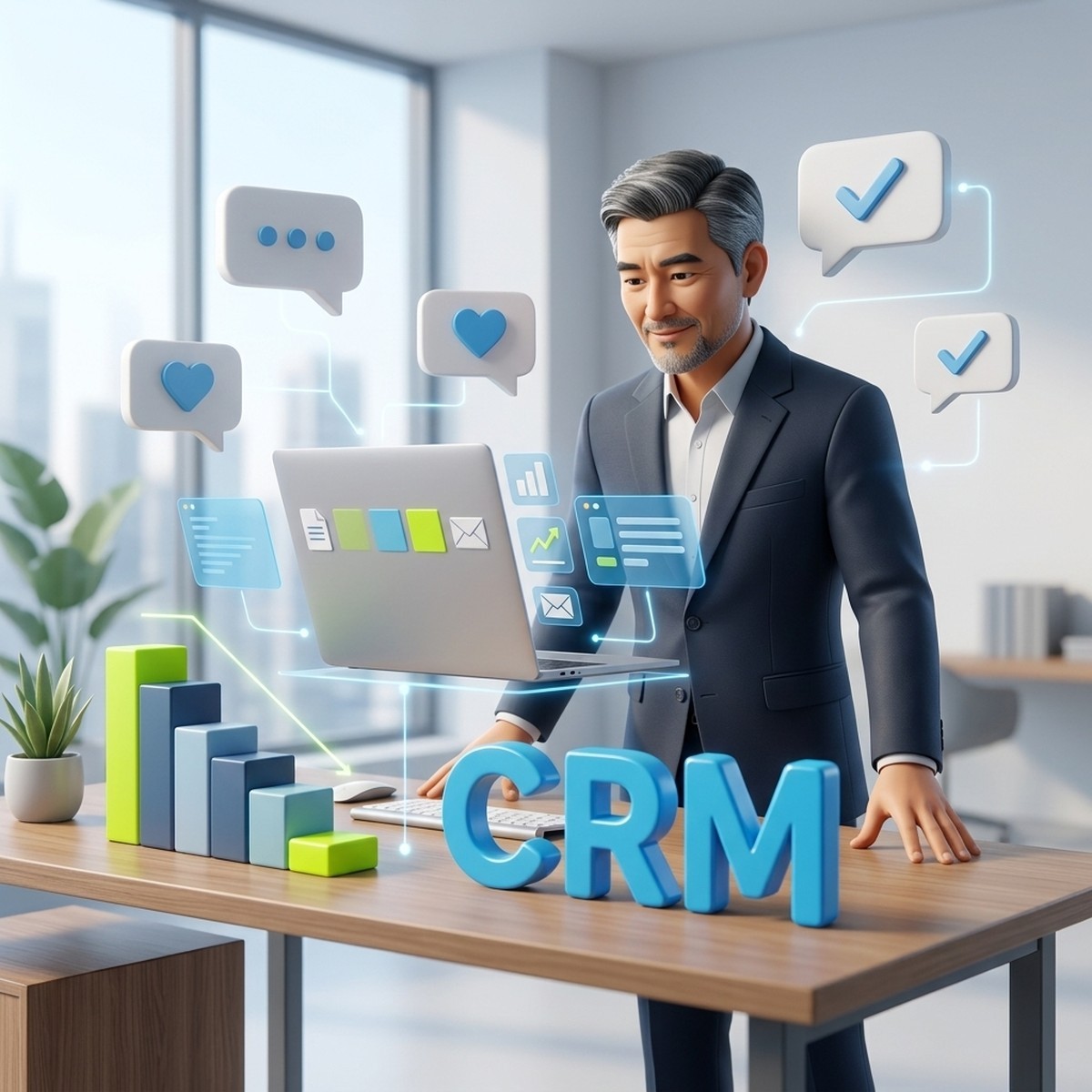 Директор по продажам внедряет CRM в команде, вокруг пузыри сообщений с одобрением и ступени роста