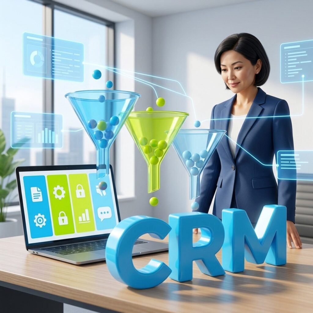 Руководитель отдела продаж и три стеклянные воронки для разных отделов в CRM Битрикс24