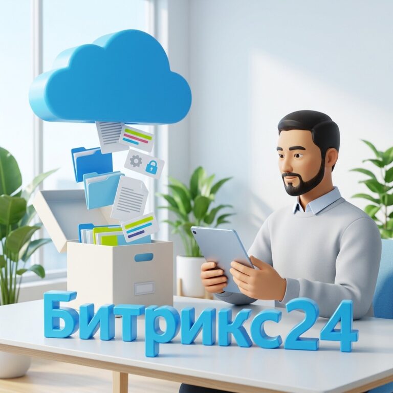 Специалист техподдержки Битрикс24 с планшетом: папки и документы переносятся из облака в архивную коробку, объёмная надпись Битрикс24