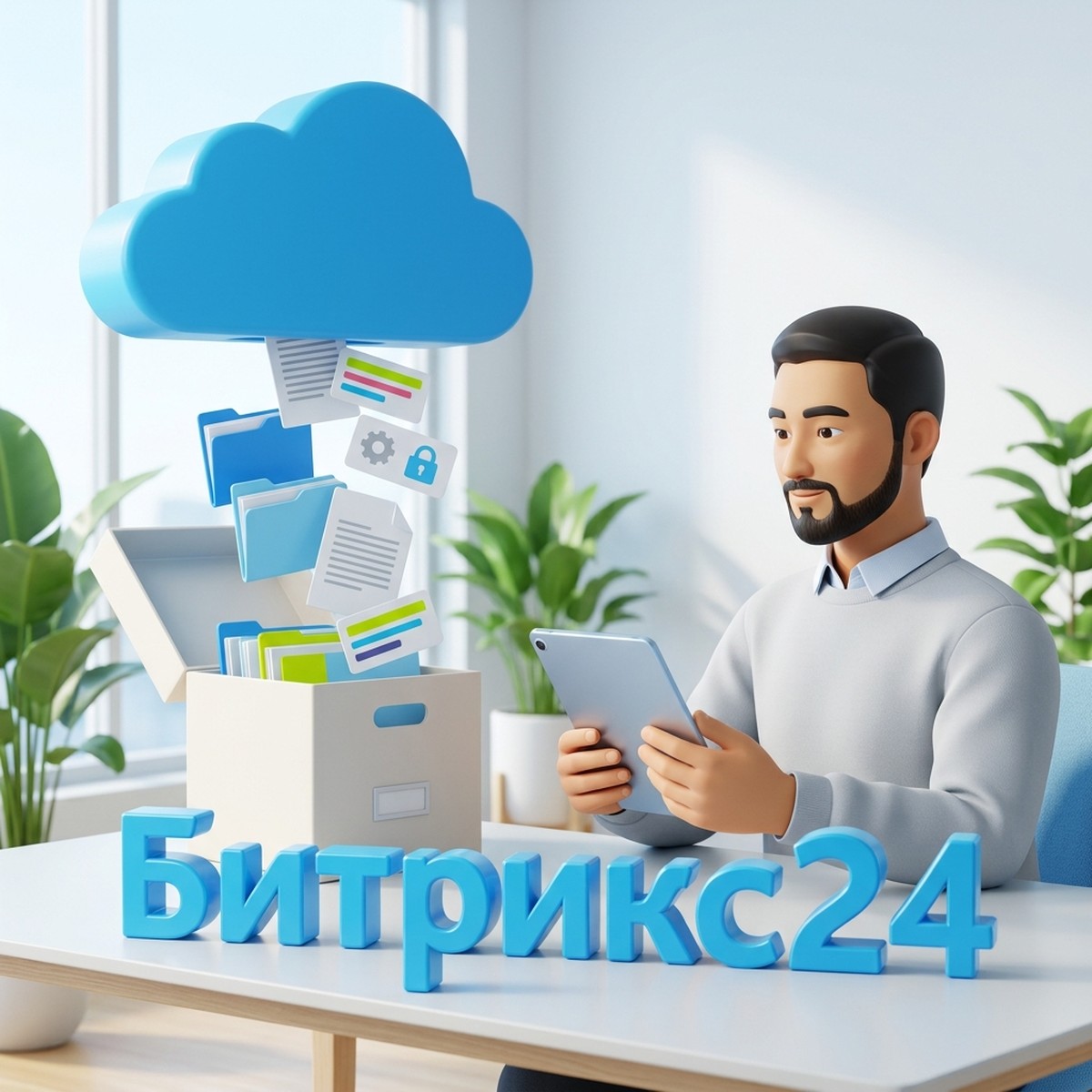 Специалист техподдержки Битрикс24 с планшетом: папки и документы переносятся из облака в архивную коробку, объёмная надпись Битрикс24