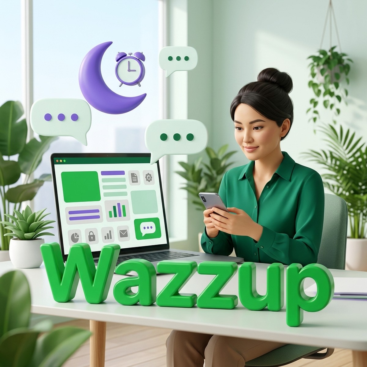 Менеджер со смартфоном за столом, объёмная надпись «Wazzup», пузыри сообщений, полумесяц и будильник как символ автоответа в нерабочее время