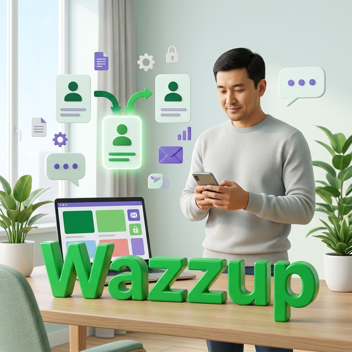 Менеджер со смартфоном у объёмной надписи Wazzup, две карточки контакта объединяются в одну