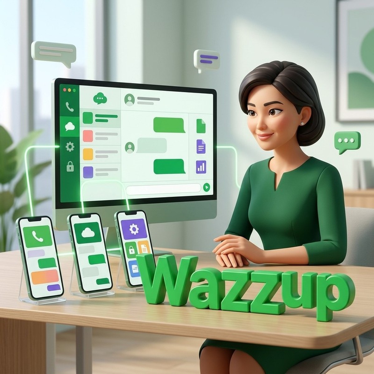 Три смартфона подключены к одному окну переписки: несколько номеров в Wazzup