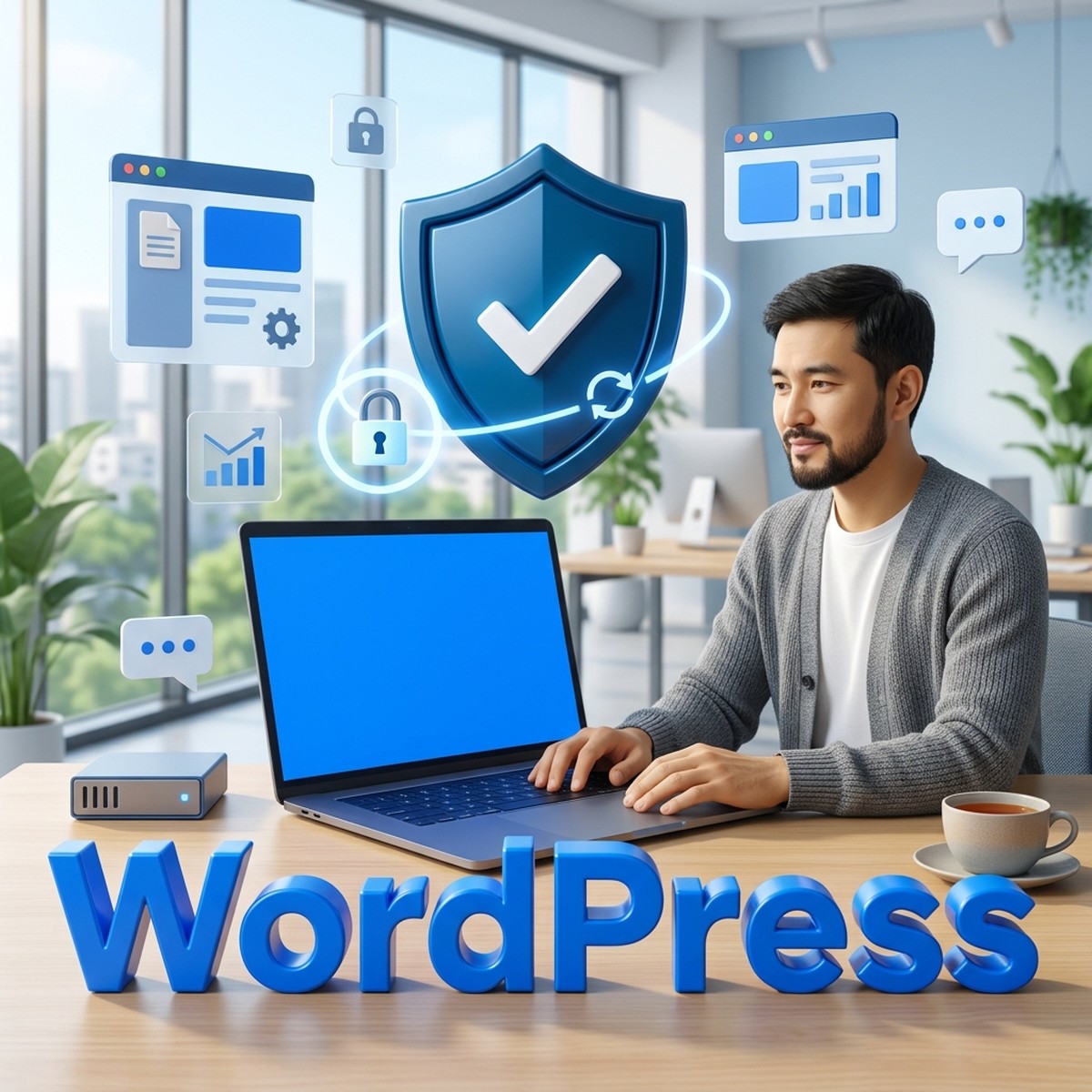 Разработчик за ноутбуком, над ним щит с галочкой и объёмная надпись WordPress: обновление безопасности 7.1.1