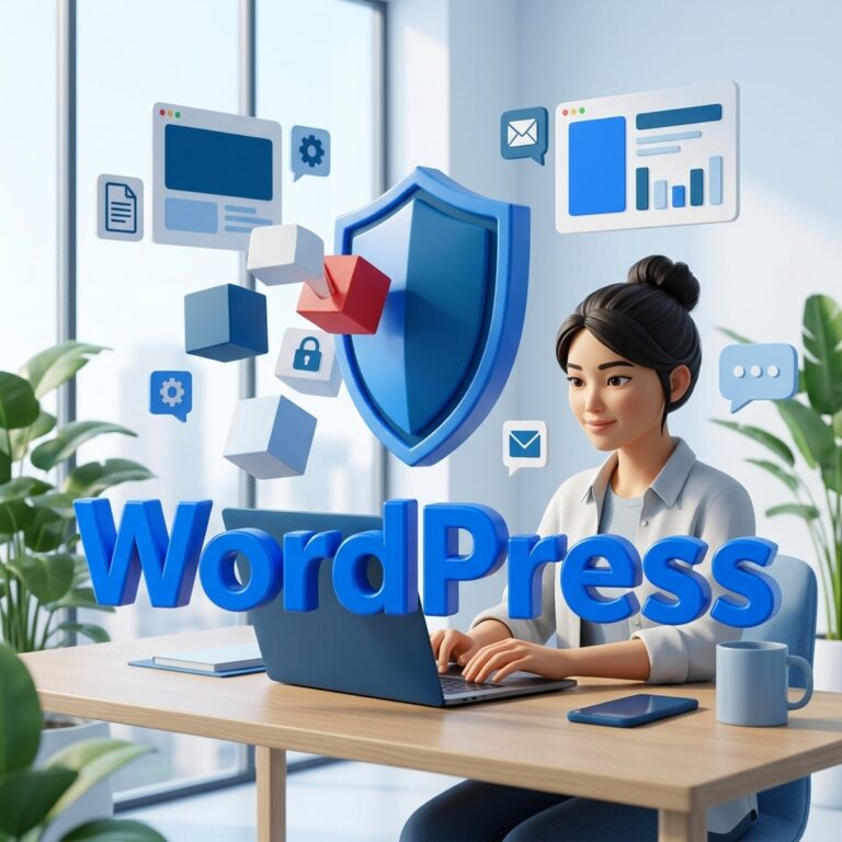 Разработчица за ноутбуком, объёмное слово WordPress и синий щит, отбивающий красный блок обновления
