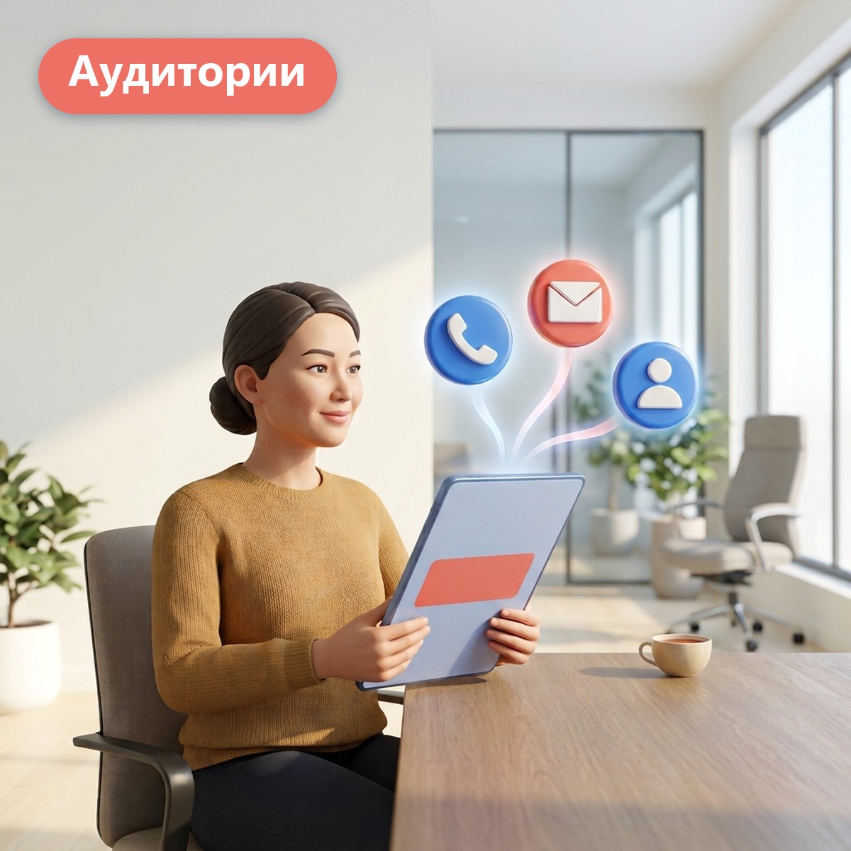 Маркетолог с планшетом, над которым объединяются значки телефона, почты и профиля клиента: универсальный сегмент Яндекс Аудиторий
