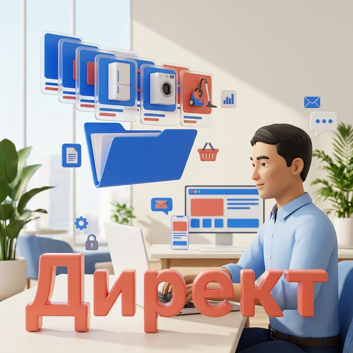 Маркетолог за ноутбуком, карточки товаров складываются в папку каталога, объёмное слово Директ: товарные объявления в ЕПК Яндекс Директа