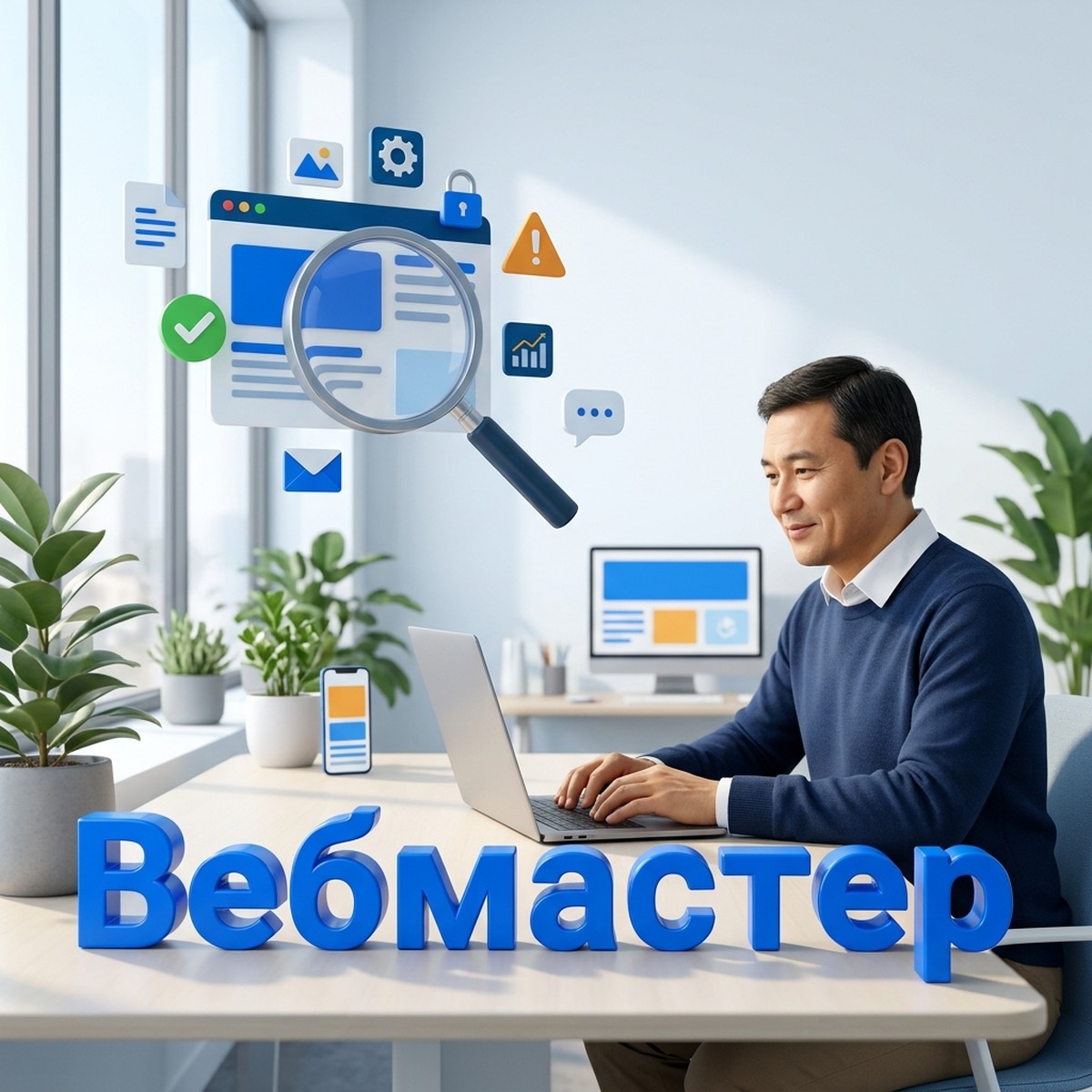 Владелец компании за ноутбуком проверяет сайт в Яндекс Вебмастере: объёмное слово «Вебмастер», лупа над страницами сайта