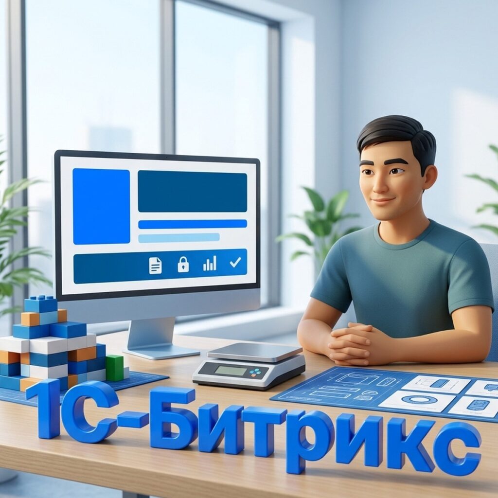 Разработчик за столом: монитор, конструктор из блоков и чертёж деталей, объёмная надпись 1С-Битрикс