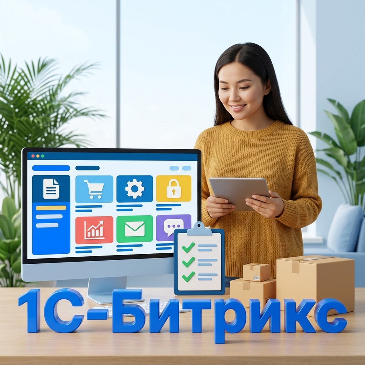 Менеджер интернет-магазина проверяет витрину на 1С-Битрикс перед запуском продаж, чек-лист и коробки с заказами