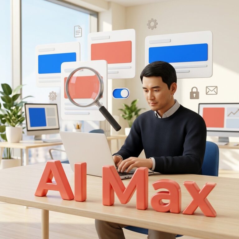 Маркетолог проверяет лупой карточки автоматических текстов AI Max в Google Ads