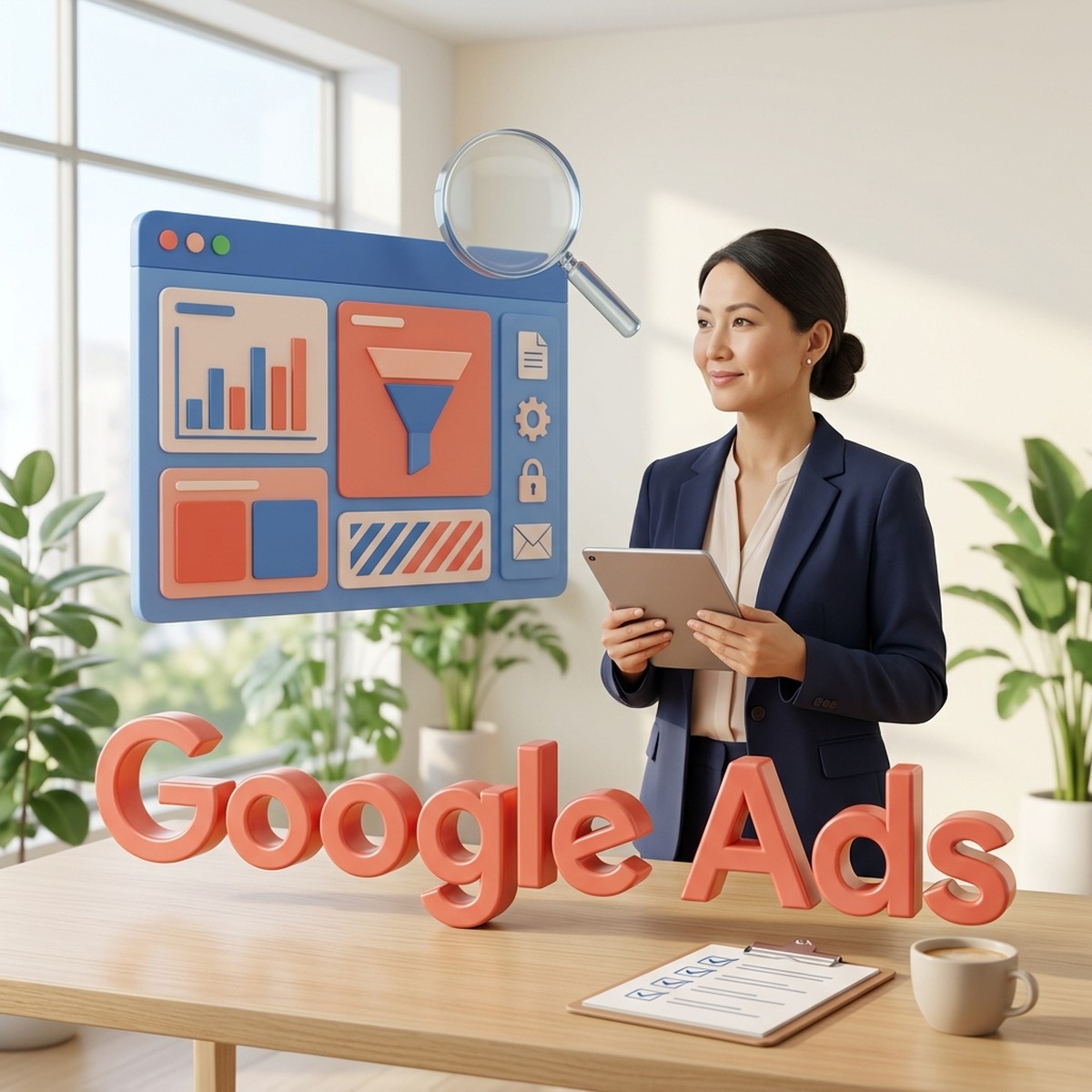 Маркетолог проводит аудит рекламного аккаунта Google Ads: лупа над панелью с графиками и воронкой