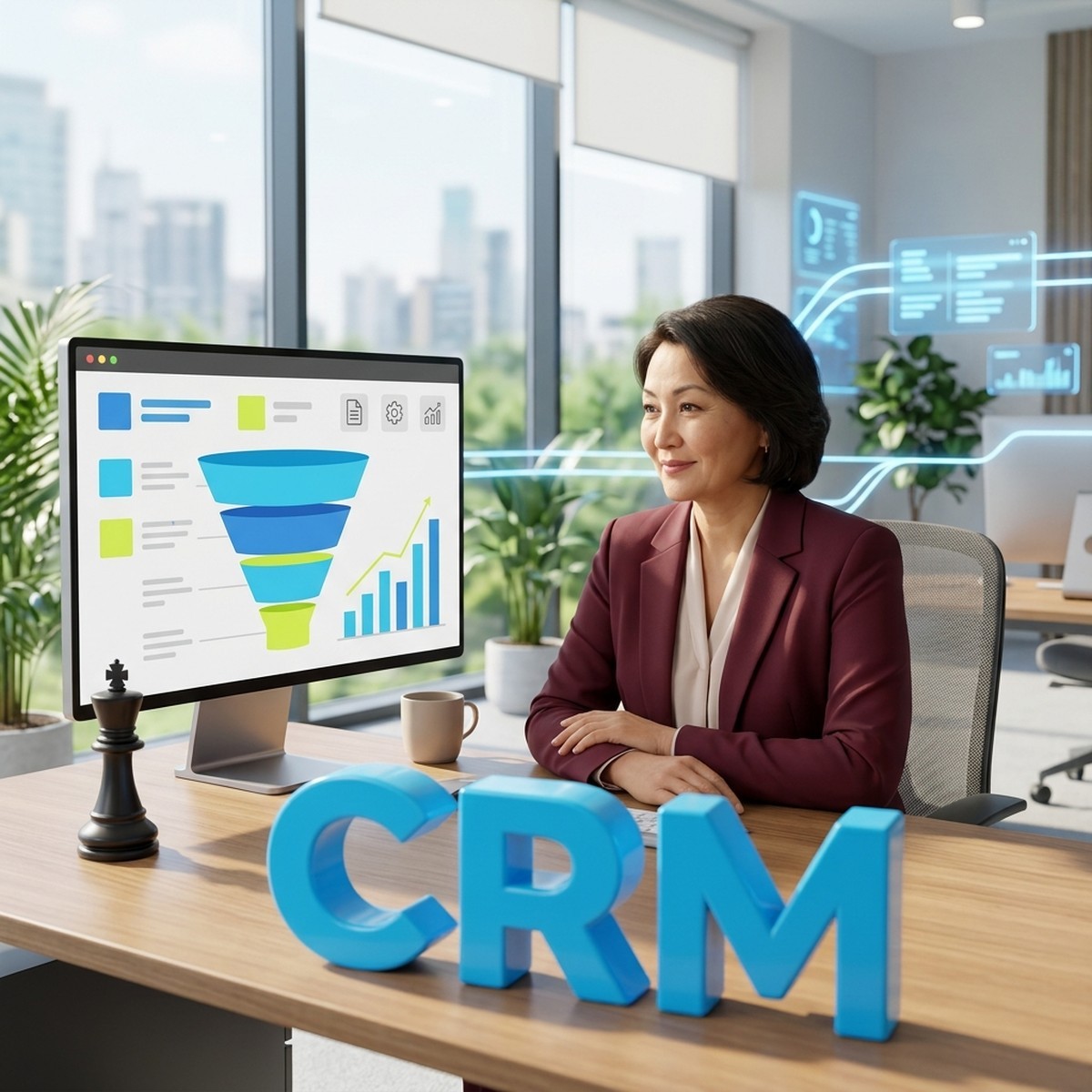 Директор по продажам смотрит на воронку и рост продаж в CRM Битрикс24, рядом шахматный король