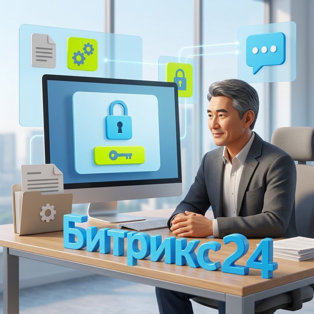 Руководитель за рабочим столом перед монитором с замком и ключом, слово Битрикс24