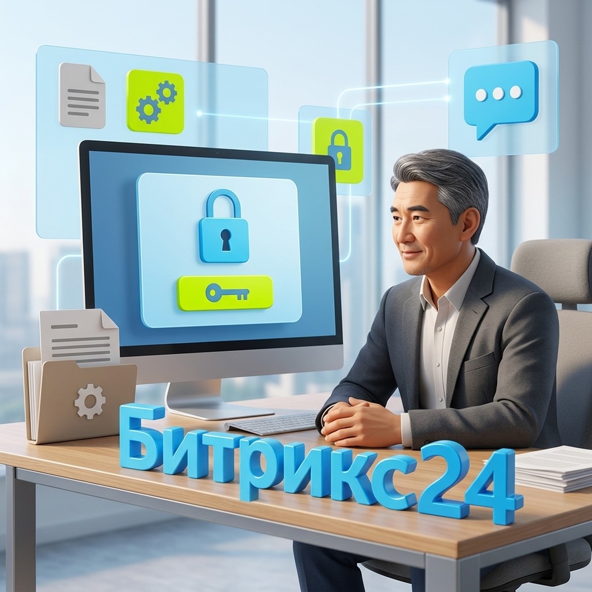 Руководитель за рабочим столом перед монитором с замком и ключом, слово Битрикс24