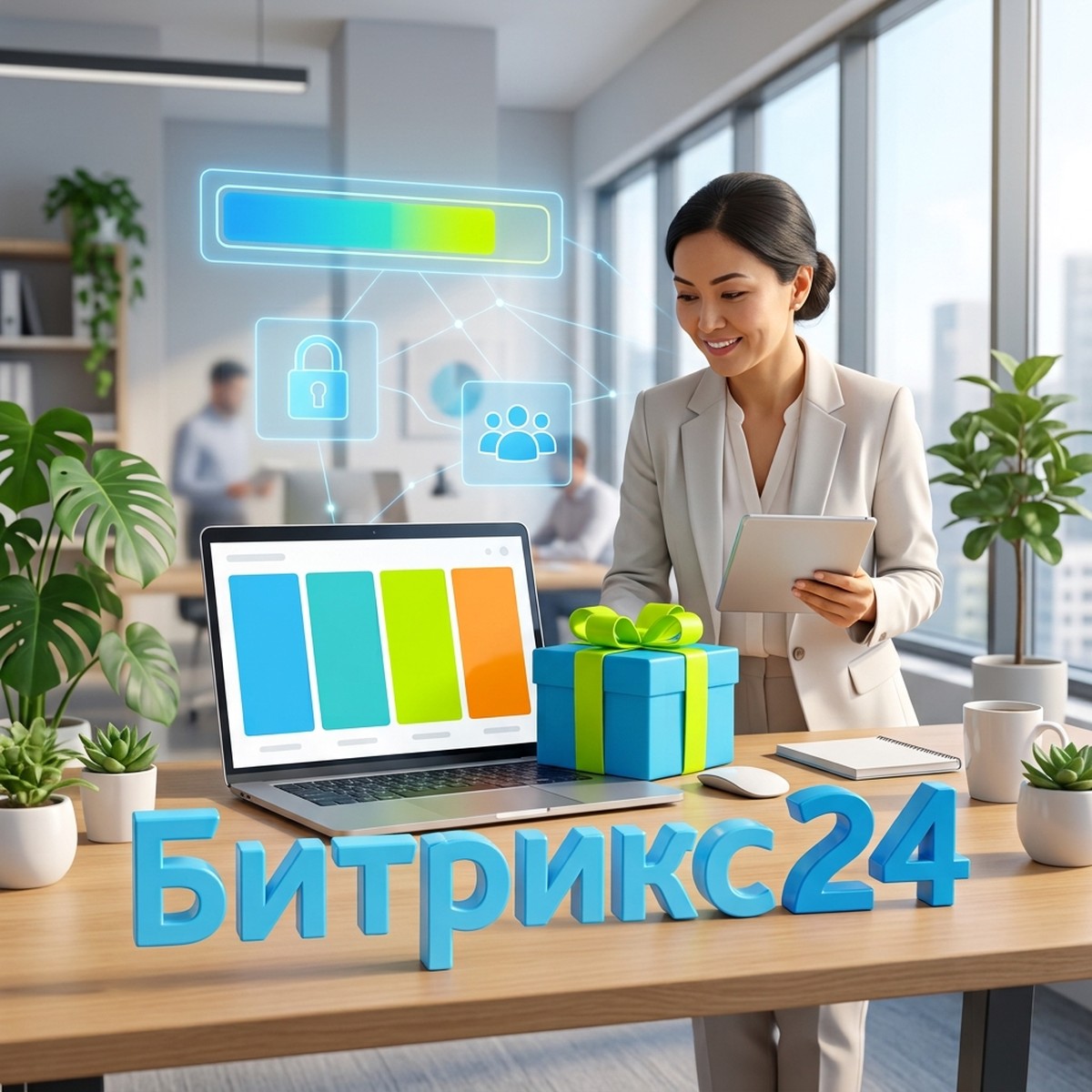 Руководительница с планшетом у ноутбука с воронкой продаж Битрикс24 и подарочной коробкой, символизирующей бесплатный тариф