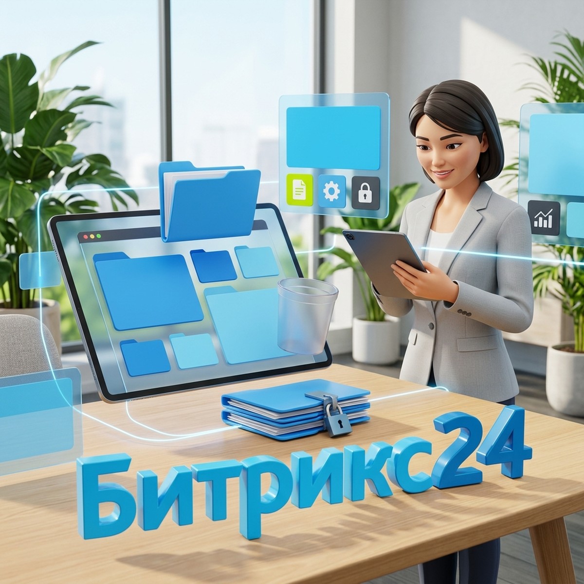 Руководитель с планшетом у стола с папками Диска Битрикс24, замком и корзиной