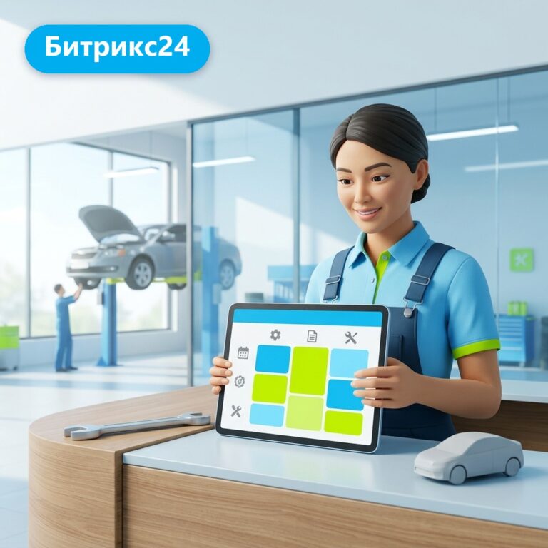 Администратор автосервиса с планшетом, на экране календарь записи на ремонт в Битрикс24