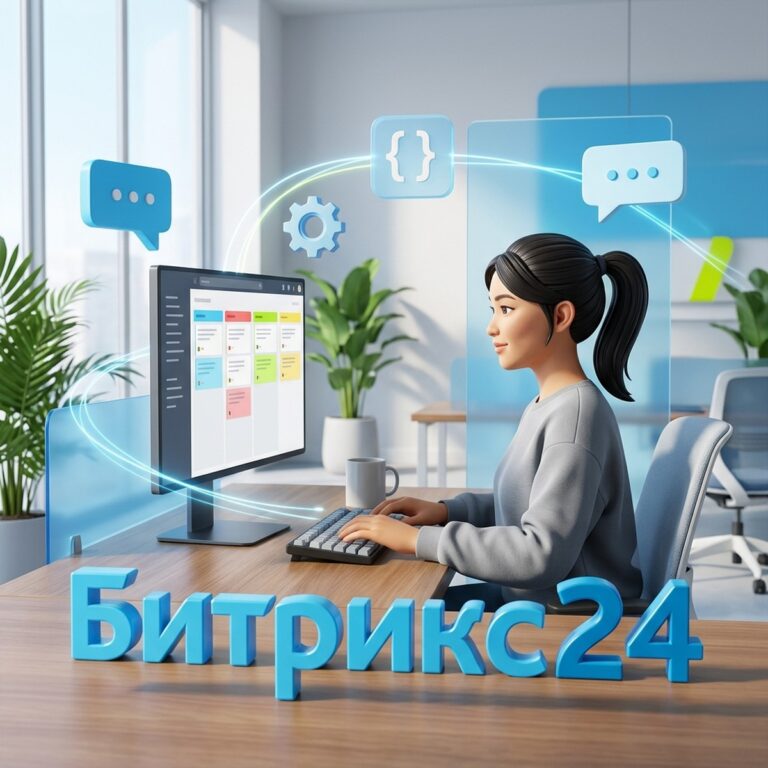 Руководитель разработки за монитором с канбан-доской задач в Битрикс24, рядом парят шестеренка и пузыри сообщений