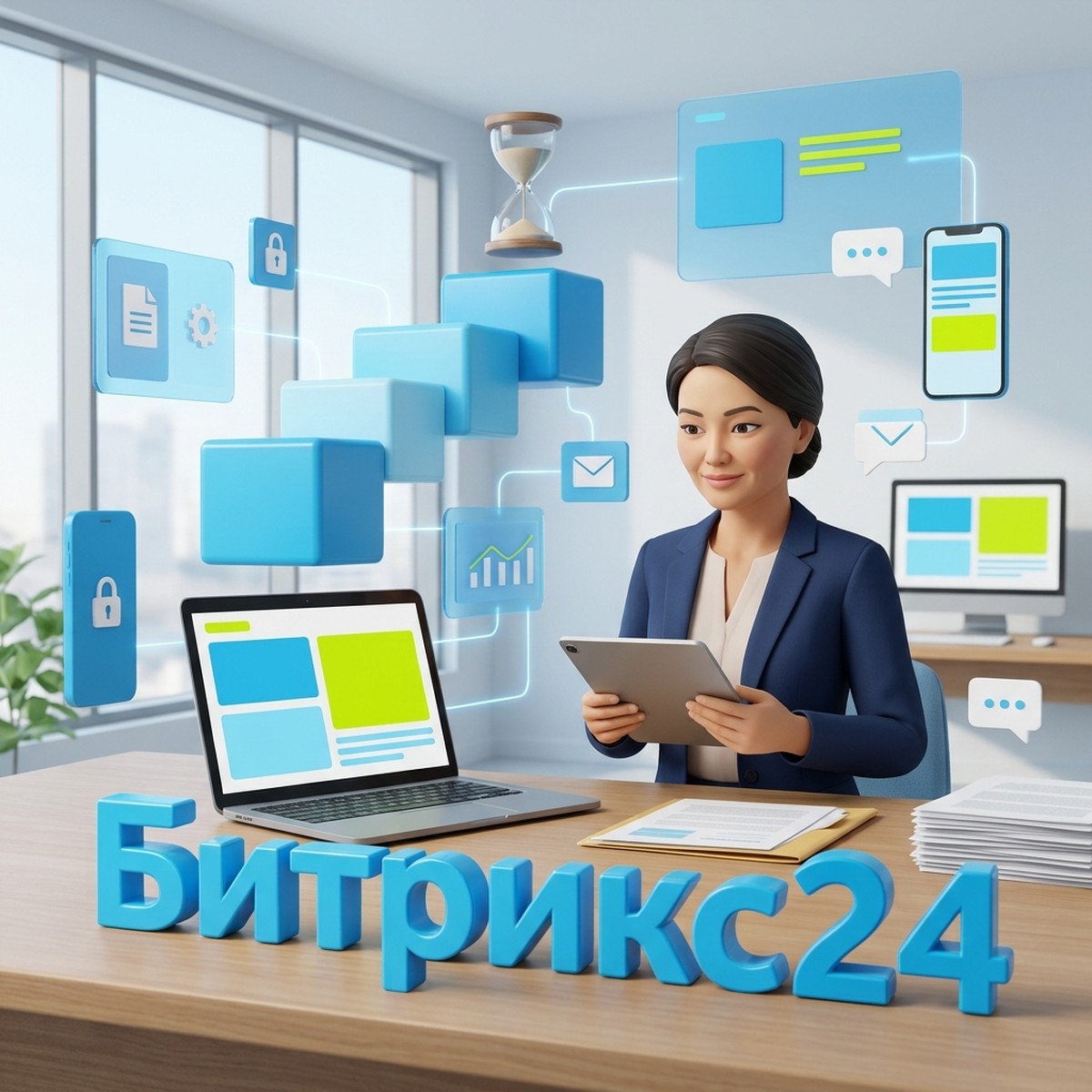 Руководитель консалтинговой компании с планшетом за столом с ноутбуком и документами, этапы проекта и объемная надпись Битрикс24