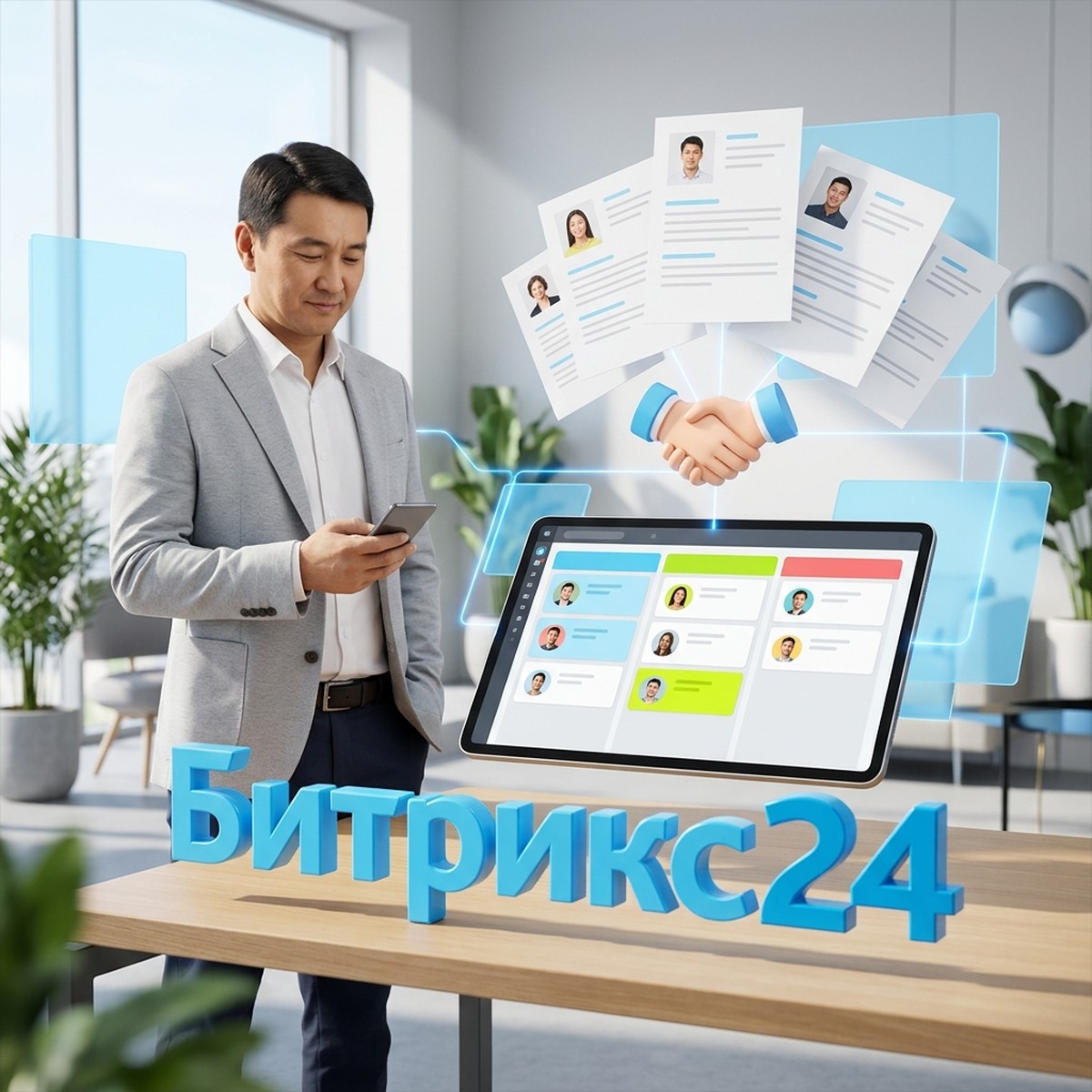 Директор рекрутингового агентства со смартфоном у планшета с канбаном кандидатов в Битрикс24, над столом резюме и рукопожатие