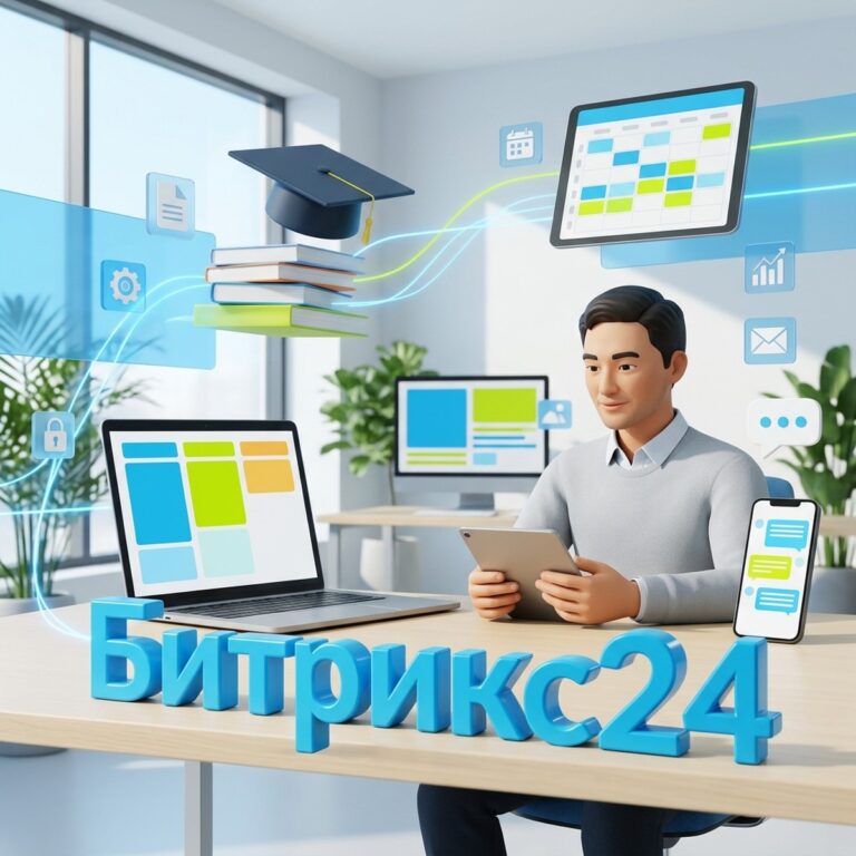 Руководитель учебного центра с планшетом за столом, рядом объемная надпись Битрикс24, канбан на ноутбуке и календарь учебных групп