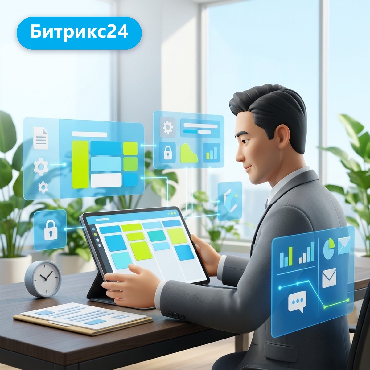 Юрист в сером костюме работает с канбаном дел на планшете в Битрикс24, вокруг парят голубые панели CRM