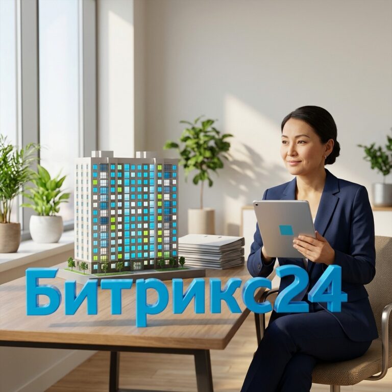 Руководитель отдела продаж с планшетом рядом с макетом жилого дома с цветными окнами-квартирами, на столе объемное слово Битрикс24