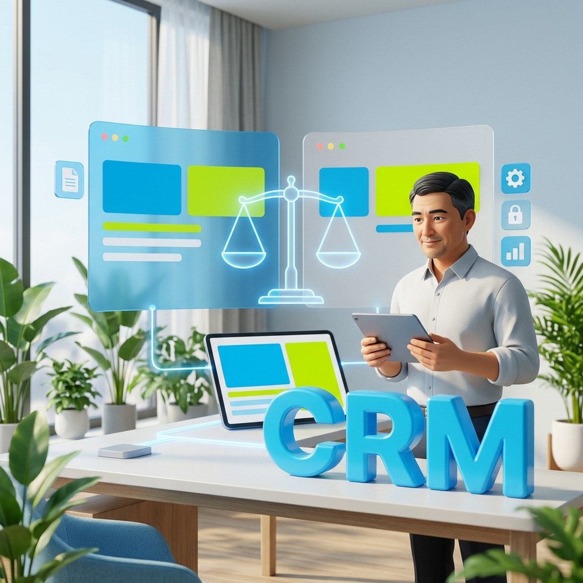 Руководитель с планшетом выбирает между двумя CRM, над столом весы и надпись CRM