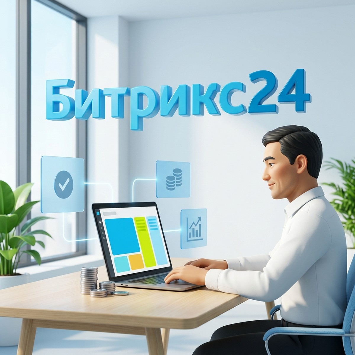 Руководитель финансового отдела за ноутбуком, над ним объёмное слово Битрикс24 и панели с монетами и графиком