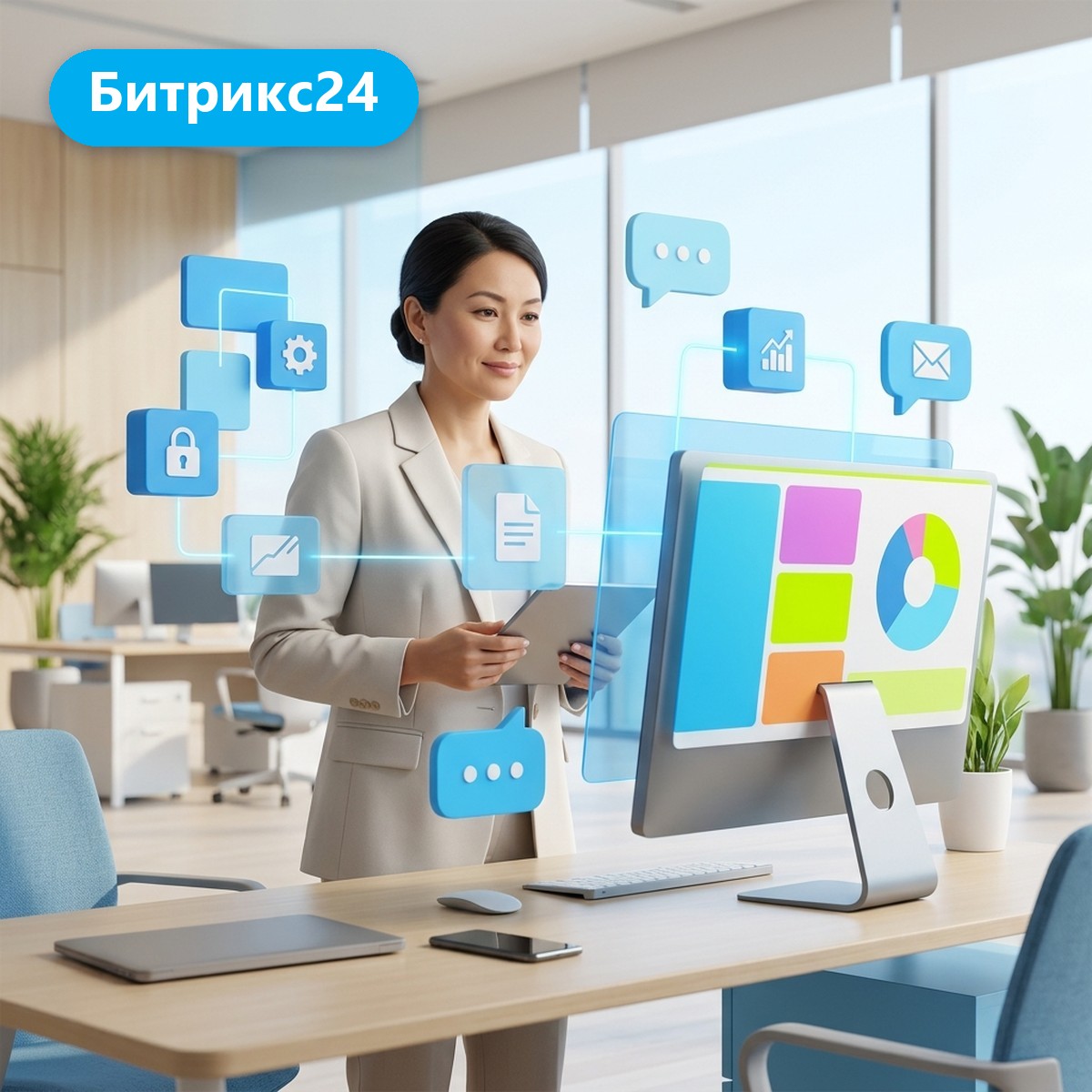 Руководитель отдела продаж смотрит на дашборд по сделкам Битрикс24 на мониторе в офисе