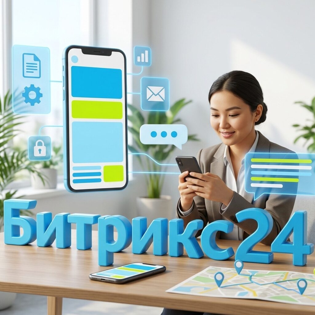 Выездная сотрудница с мобильным приложением Битрикс24 на смартфоне, карта маршрута и объёмная надпись Битрикс24