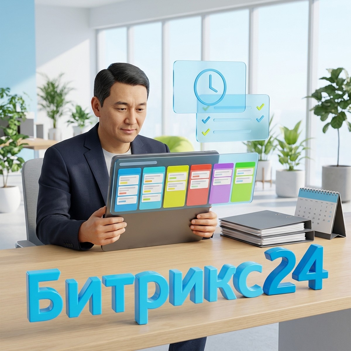 Руководитель с планшетом, на котором канбан воронки тендеров, на переднем плане объёмное слово Битрикс24
