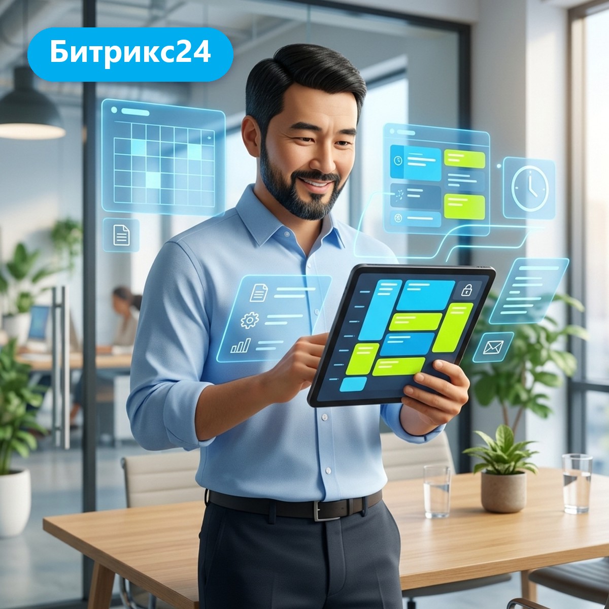 Офис-менеджер с планшетом, на котором расписание бронирования переговорных, вокруг парящие панели календаря