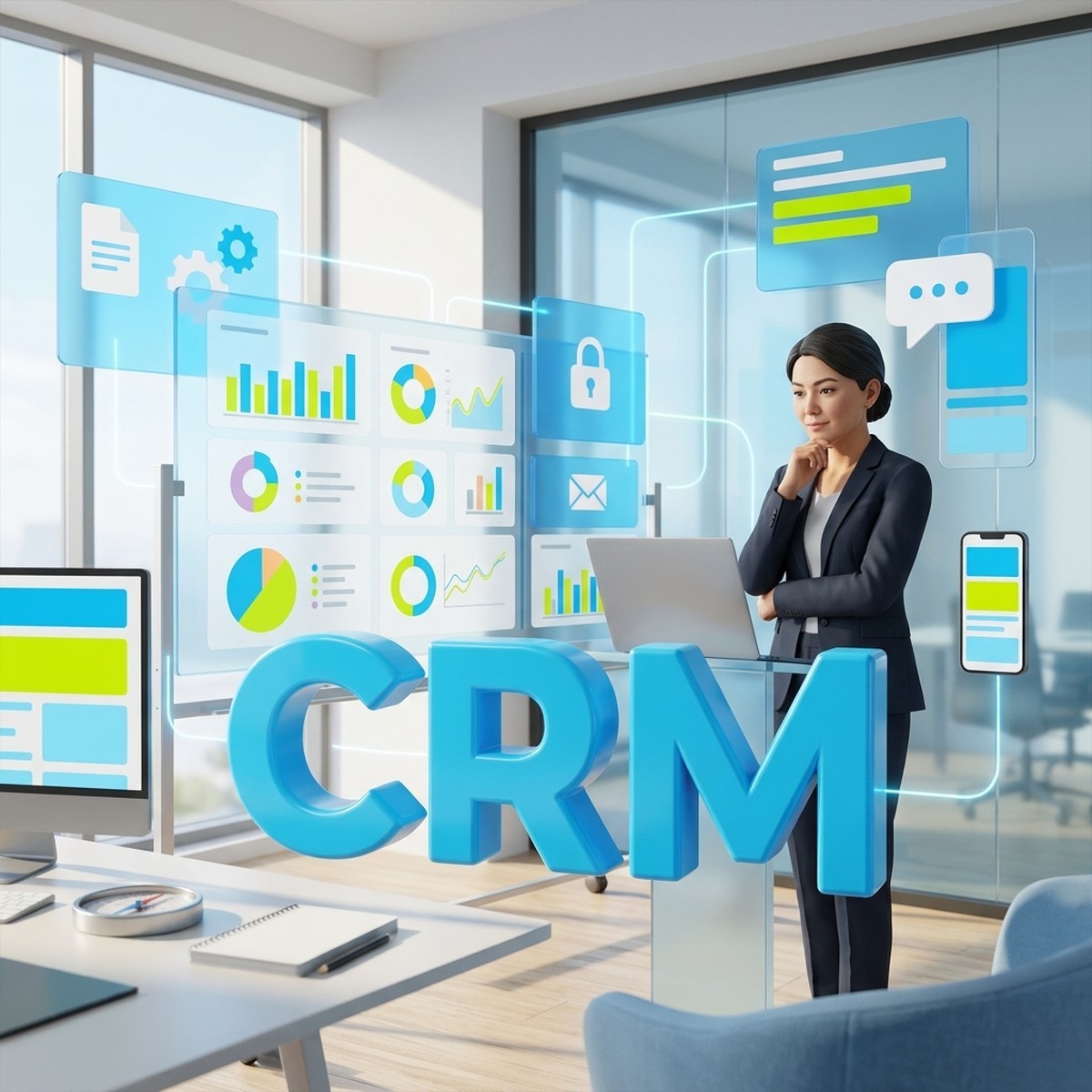 Генеральный директор изучает дашборды CRM Битрикс24 с графиками для принятия решений