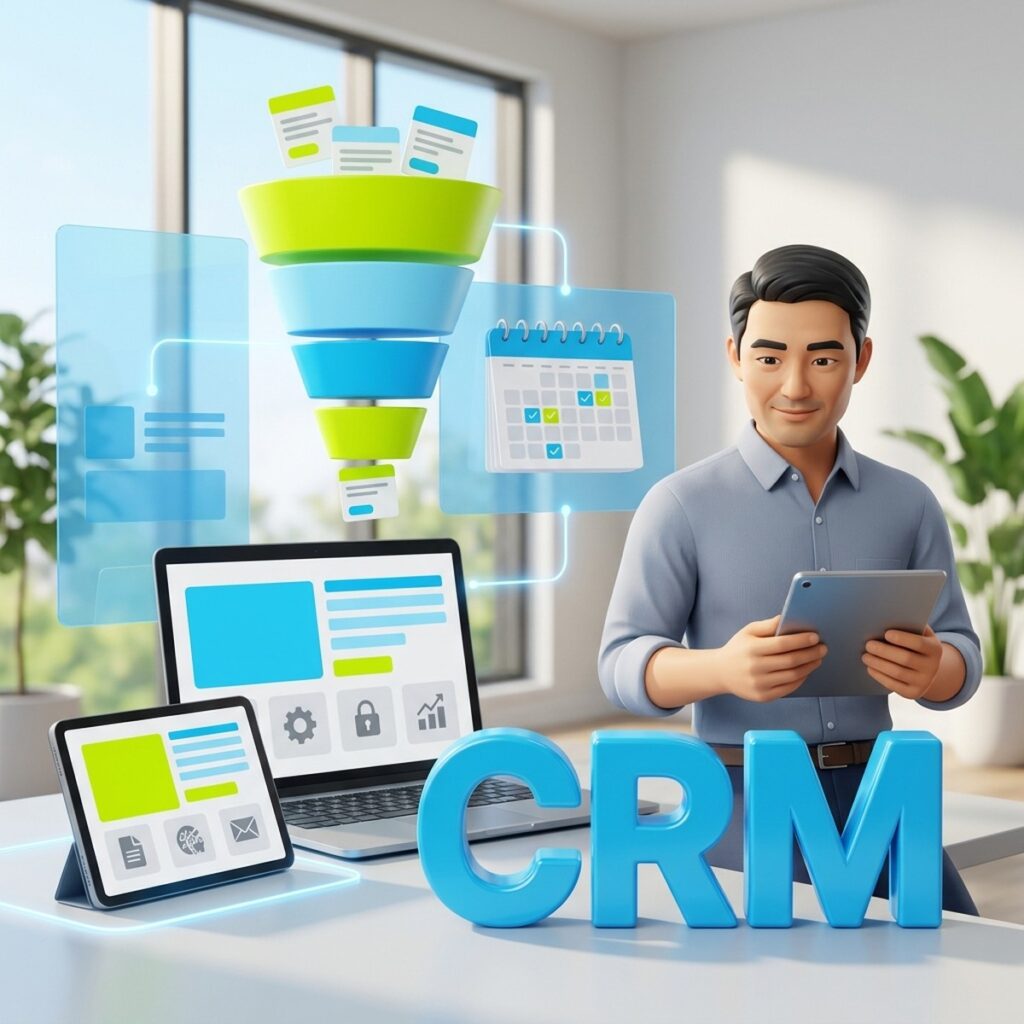 Руководитель с планшетом, рядом объёмные буквы CRM и воронка продаж с карточками сделок и календарём