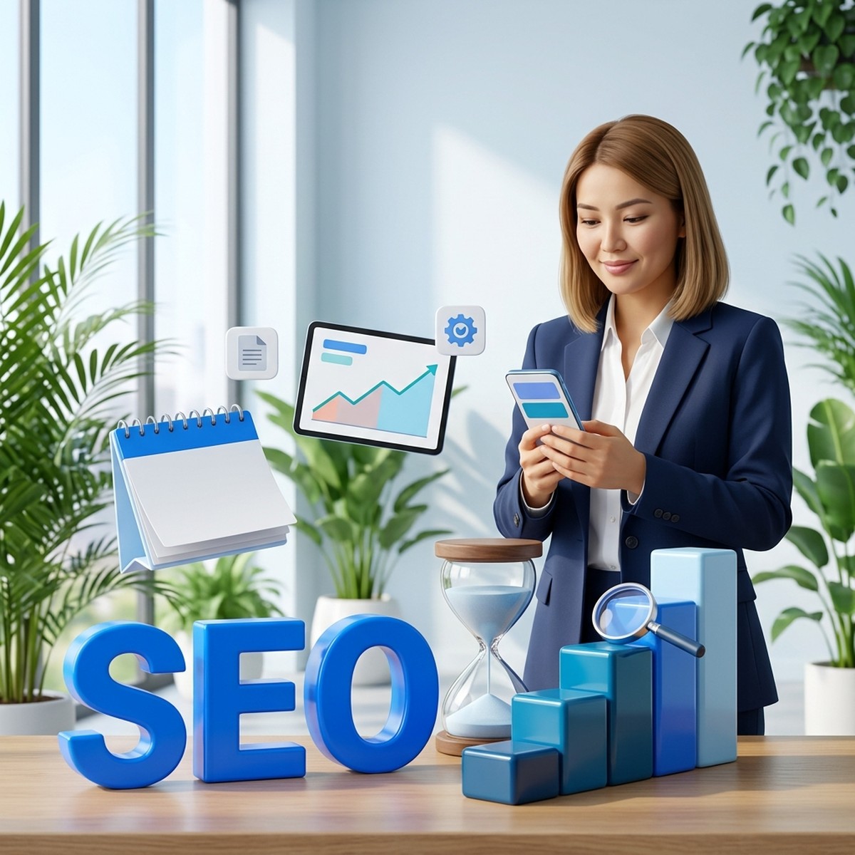 SEO-сроки: маркетолог со смартфоном, песочные часы, лестница из синих блоков с лупой и объёмные буквы SEO