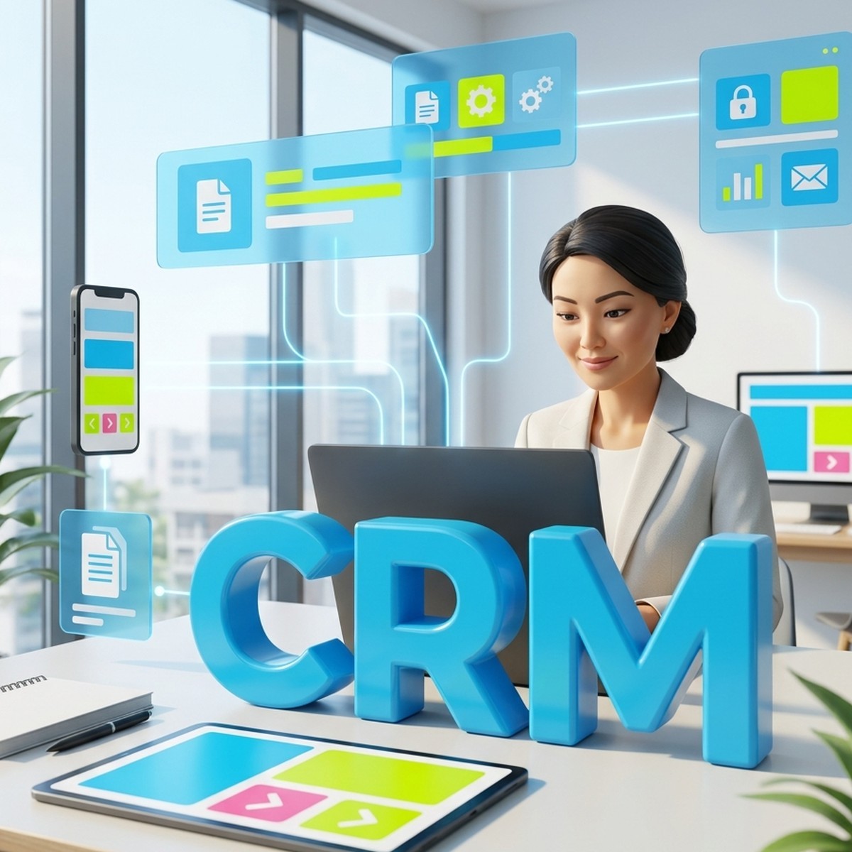 Руководитель за ноутбуком и объёмная надпись CRM среди голубых панелей Битрикс24