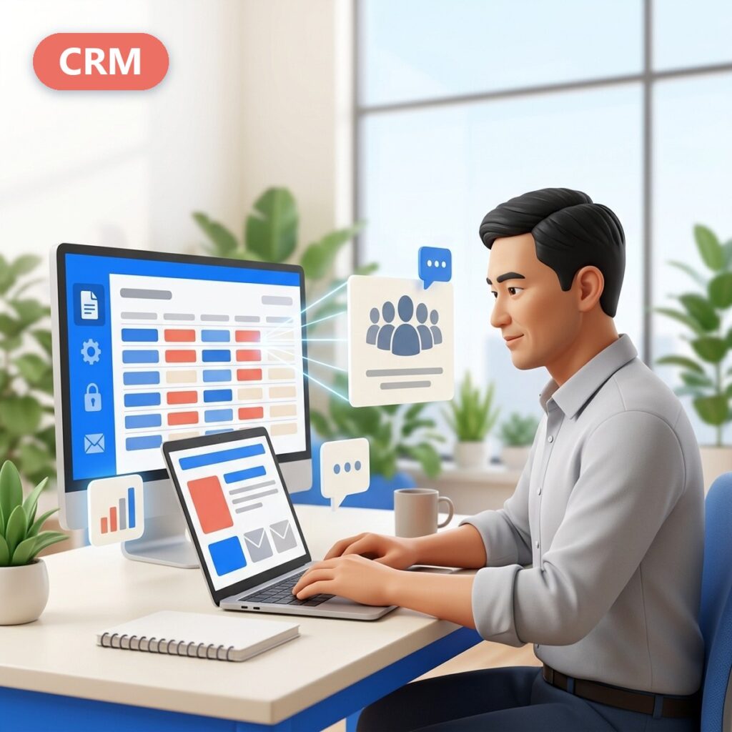 Маркетолог за рабочим столом: таблица клиентов из CRM и аудитория для рекламы в Google Ads, плашка CRM