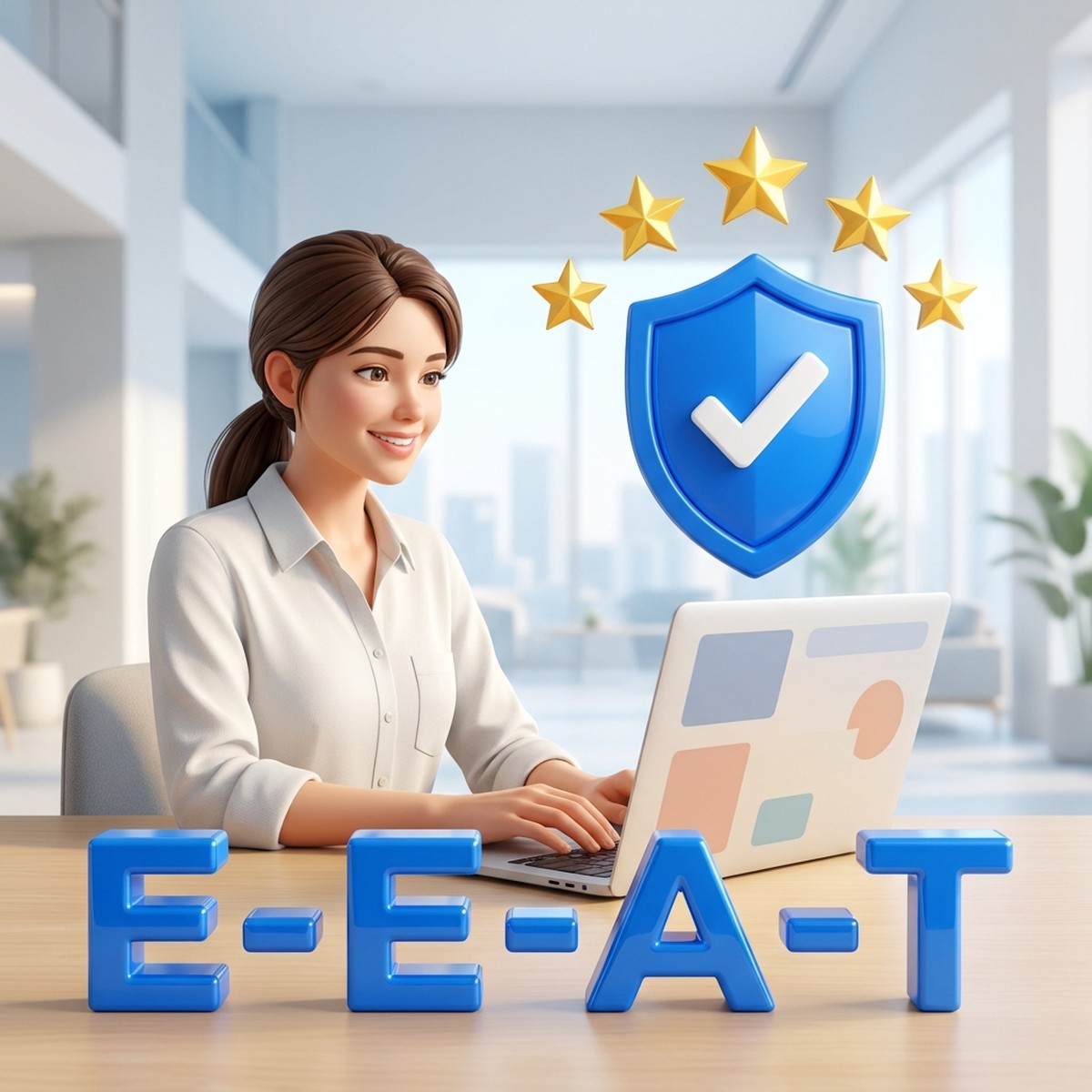 Маркетолог за ноутбуком, над которым парит щит с галочкой и надпись E-E-A-T