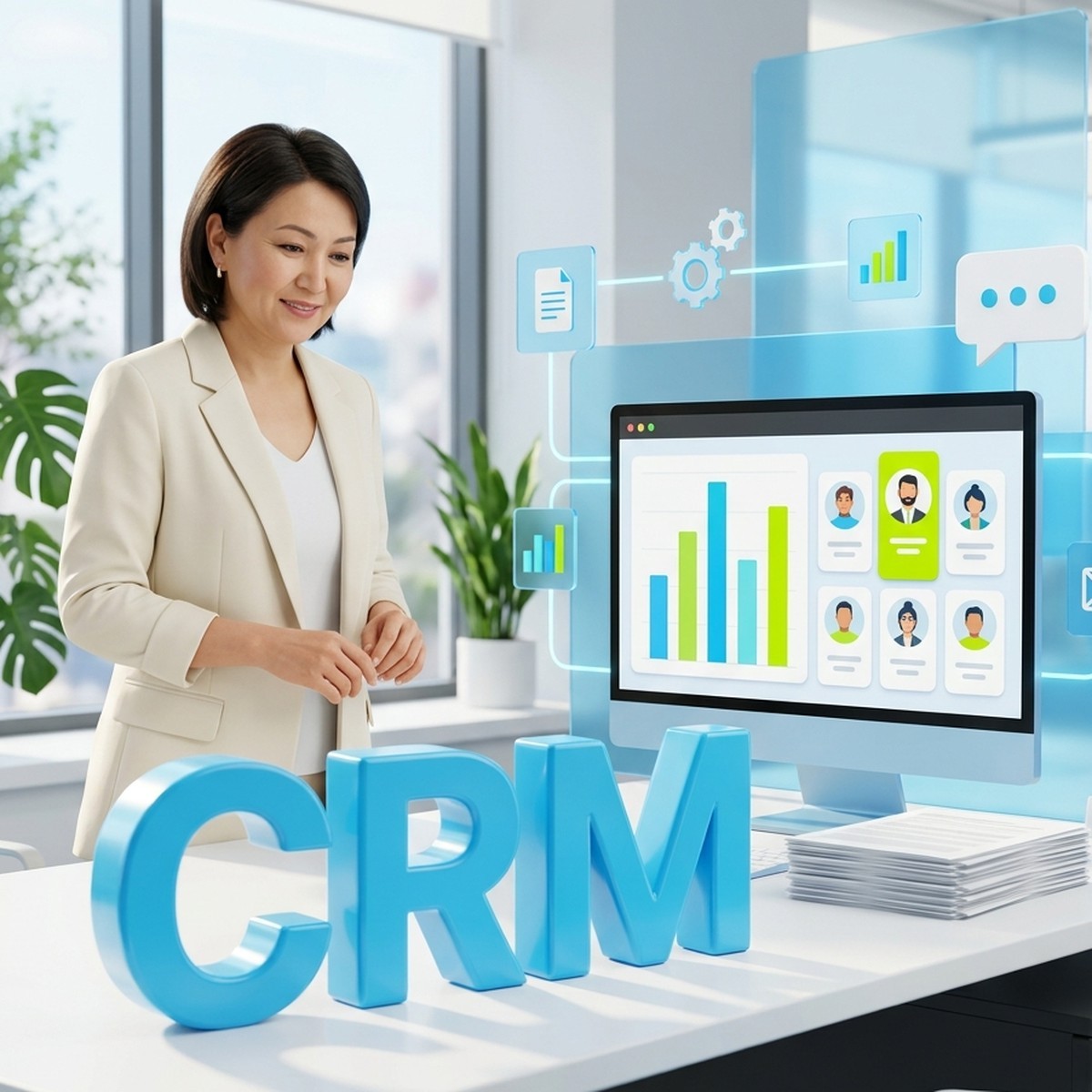 Руководитель отдела продаж смотрит на экран CRM с графиками и карточками сотрудников, рядом объёмные буквы CRM