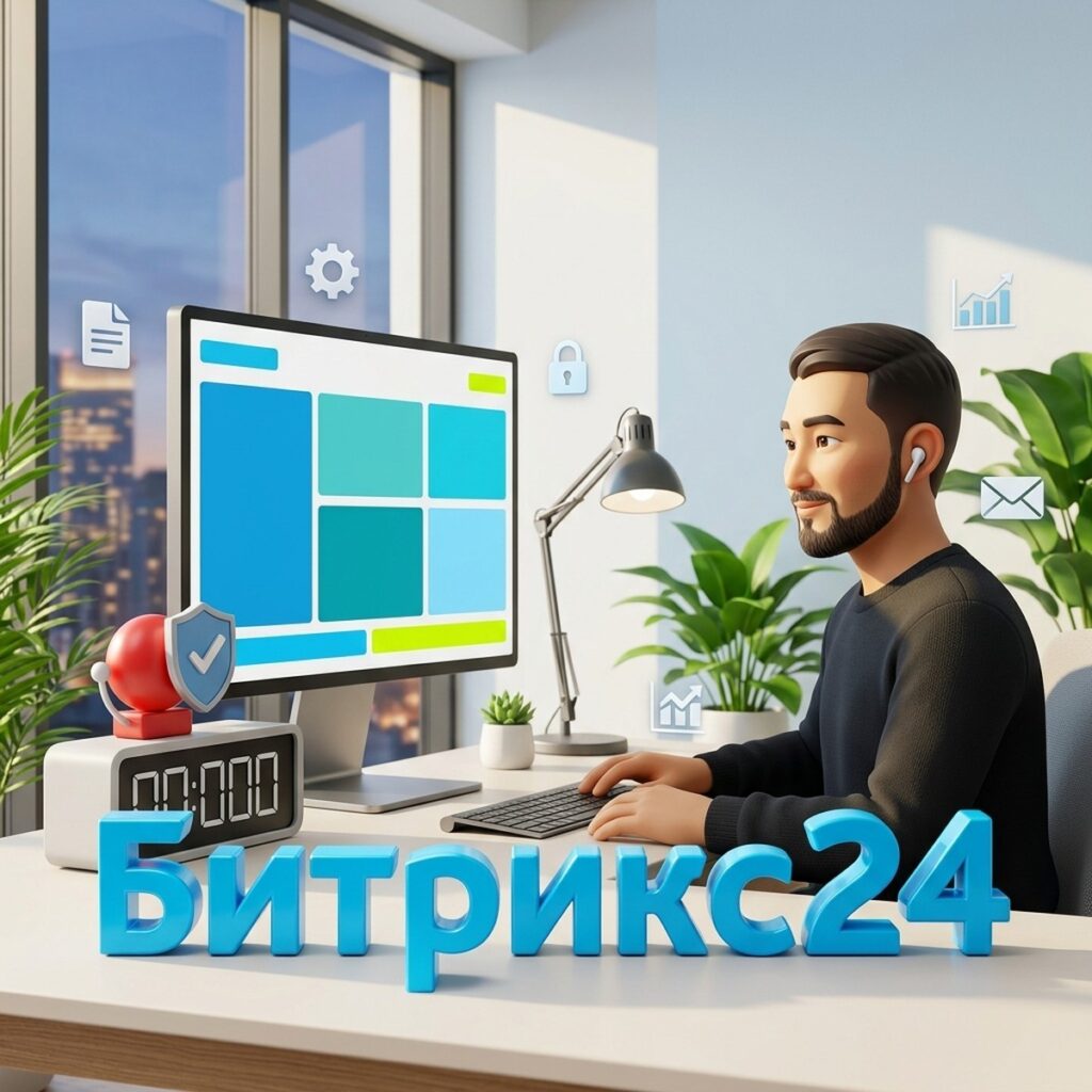 Специалист техподдержки за монитором с панелями Битрикс24, часы и колокольчик тревоги под щитом, объёмная надпись Битрикс24