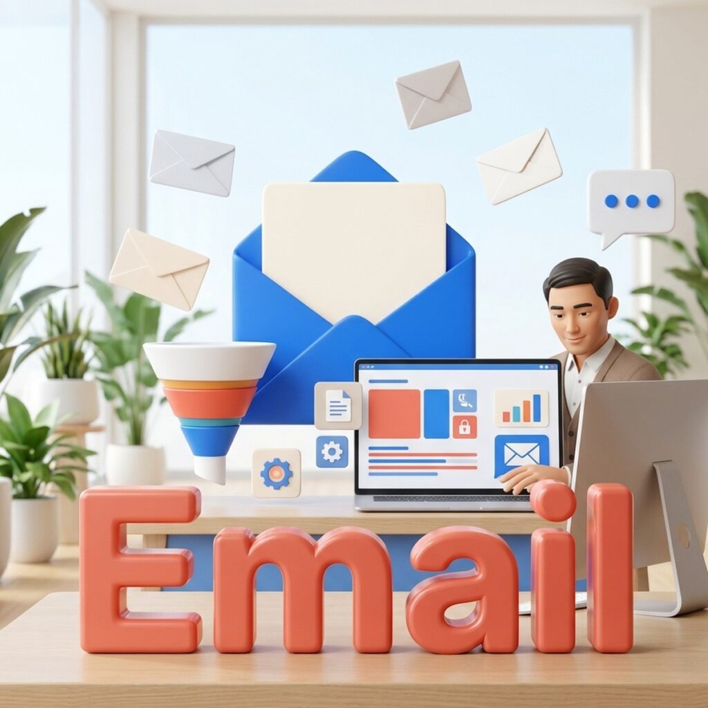 Объёмное слово Email, раскрытое письмо, воронка и маркетолог за ноутбуком с графиками рассылки