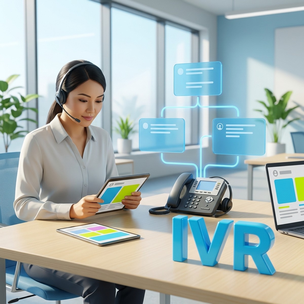 Менеджер в гарнитуре за столом с телефоном и схемой голосового меню IVR в Битрикс24