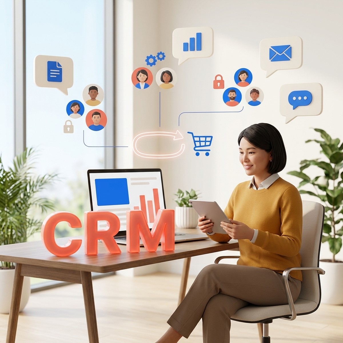 Маркетолог с планшетом за столом, объемные буквы CRM и возвращающиеся клиенты: цели удержания в Google Ads