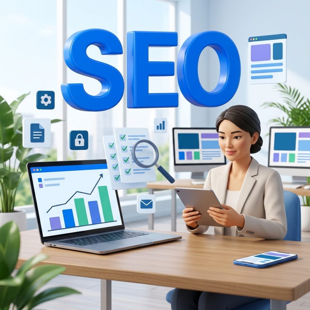 Маркетолог с планшетом проверяет страницы сайта, рядом объёмные буквы SEO и ноутбук с графиком роста